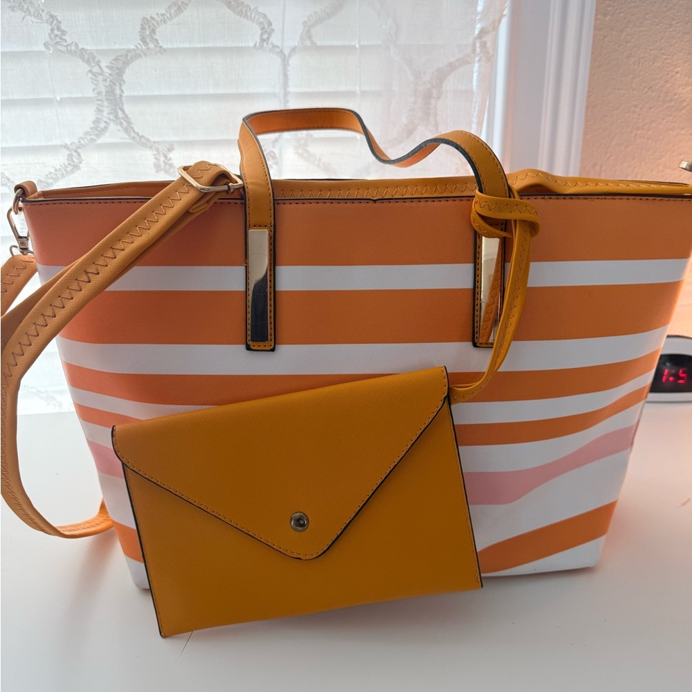 Orange and White Striped Tote Bag with Matching Pouch
